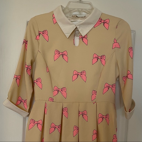 Power Sweet Bow Print Collar Pink Tan Bow Dress - Picture 6 of 15